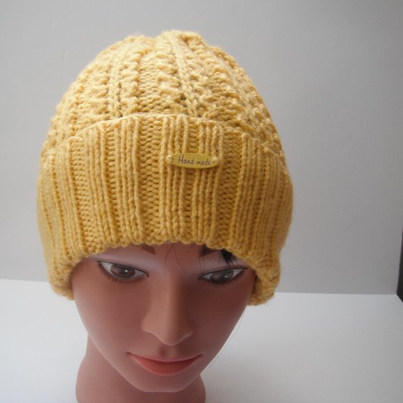 Hand Knitted Hat Toque Adult Size-M-L Acrylic Color Yellow - 030 Hand knit by me - Picture 2 of 8